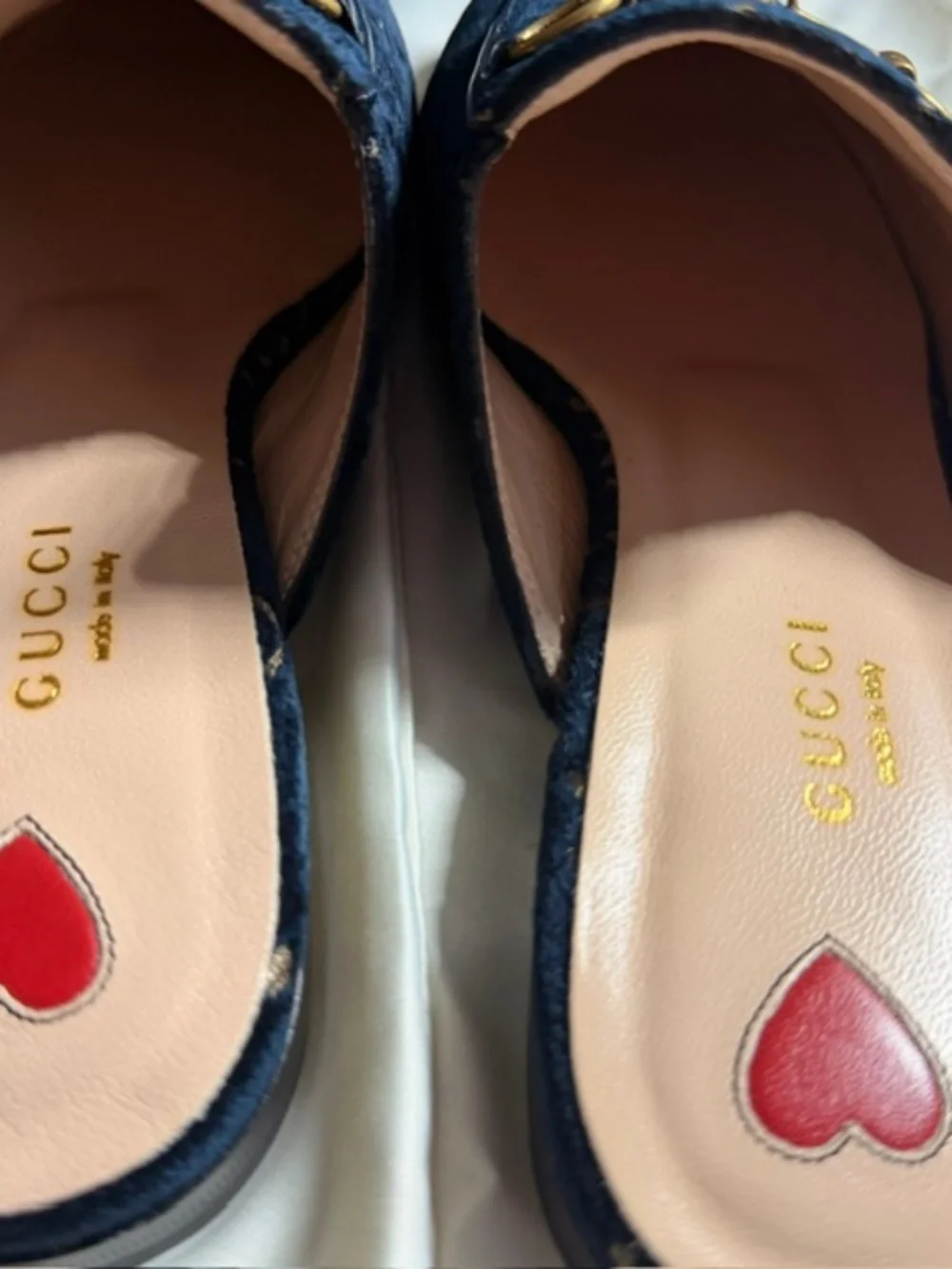Gucci Navy Velvet GG Logo Backless Loafers with Gold Horsebit